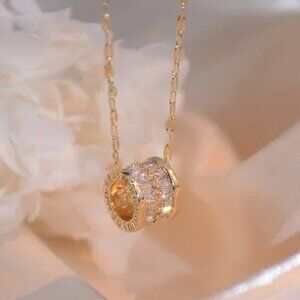 14K Gold Diamond Cylinder Barrel Charm Necklace Engraved Yong Yuan